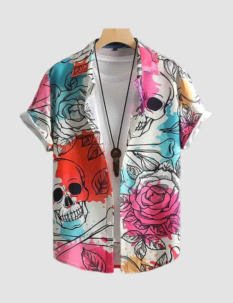 Skull Pattern Digital Printed Half Sleeves Cotton Material Mens Shirt