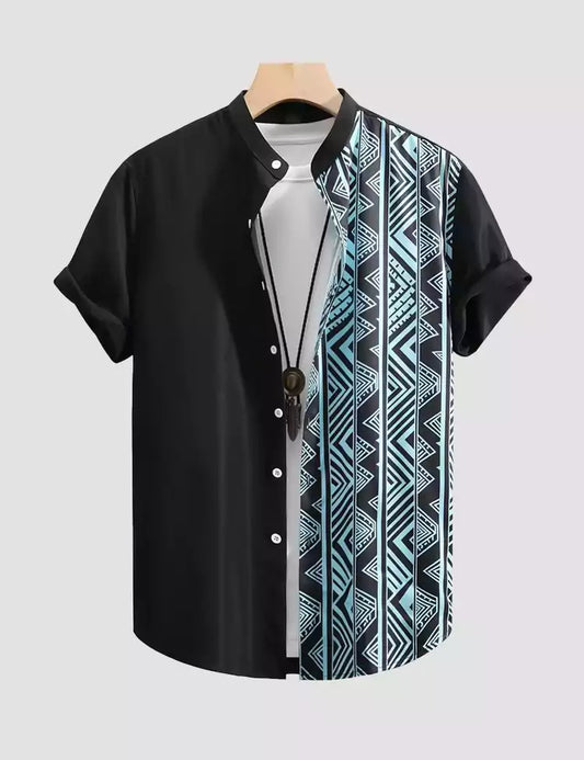 Vertical Black Zigzag Lines Printed Mens Cotton Shirt Half Sleeves