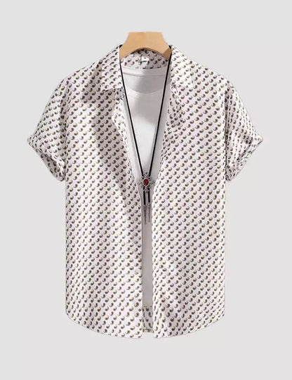 Allover Brown on White Printed Mens Cotton Shirt Half Sleeves