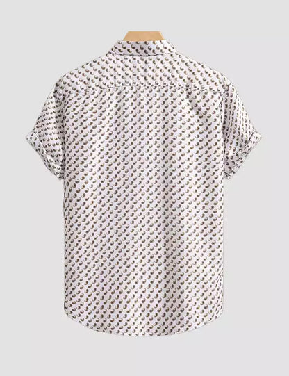 Allover Brown on White Printed Mens Cotton Shirt Half Sleeves