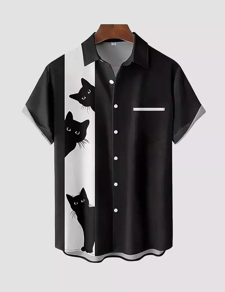 Black Cat on White Printed Mens Cotton Shirt Half Sleeves