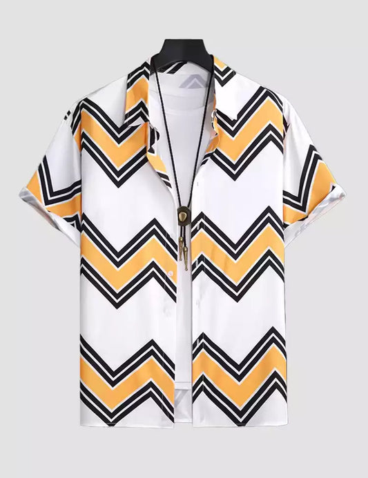 Yellow and White Zigzag Line Printed Half Sleeves Cotton Material Mens Shirt